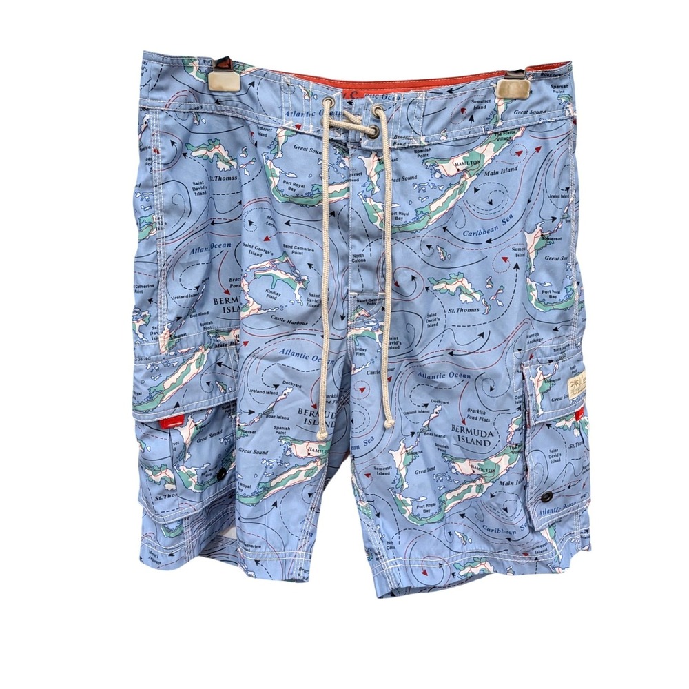 J. Crew Men's Bermuda Island‎ Map Print Board Shorts Blue Swim Trunks- Size 32